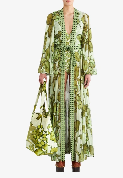 Etro Floral Pleated Maxi Robe In Green