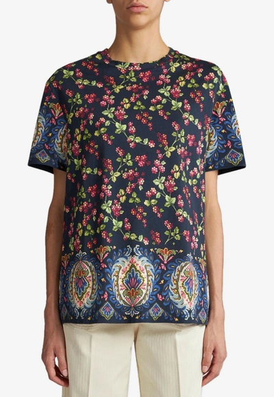 Etro Berry-print Puff-sleeve Neck-tie Silk Top In Blue