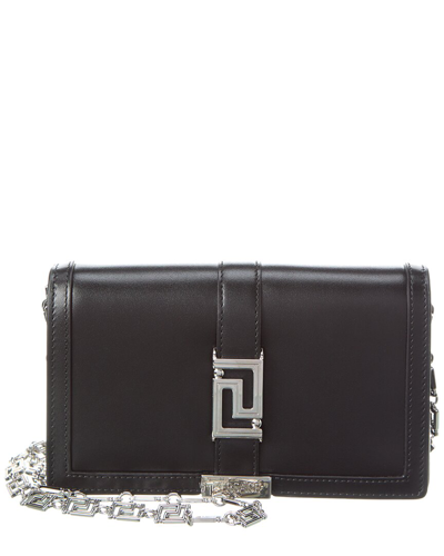 Versace Greca Mini Leather Wallet On Chain In Black