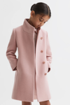 Reiss Kids' Kia - Pink Junior Wool Blend Funnel Neck Coat, Age 5-6 Years