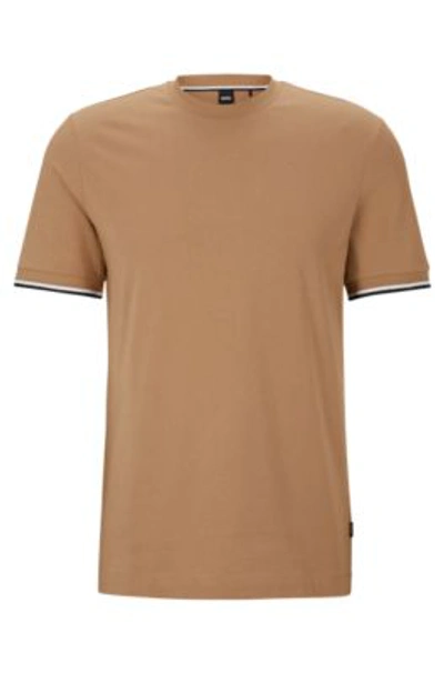Hugo Boss Cotton-jersey T-shirt With Signature-stripe Cuffs In Neutrals