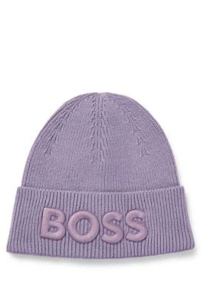 Hugo Boss Logo-embroidered Beanie Hat In Cotton And Wool In Purple