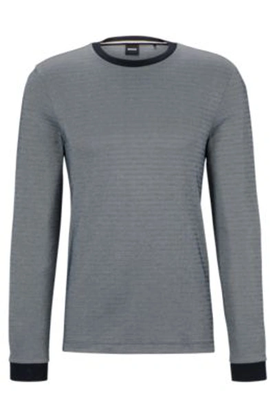 Hugo Boss Long-sleeved Cotton-blend T-shirt With Ottoman Structure In Dark Blue