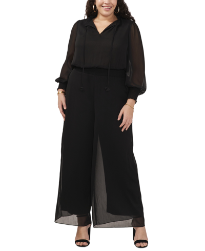 Msk Plus Size V-neck Smocked-waist Chiffon Jumpsuit In Black