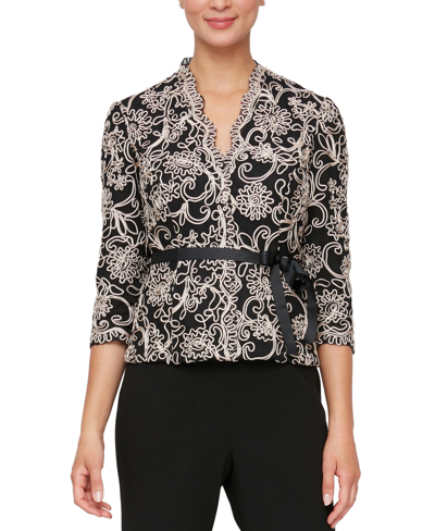 Alex Evenings Petite Floral-embroidered 3/4-sleeve Lace Top In Black/taupe