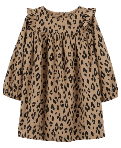 Carter's Kids' Toddler Girls Leopard Long Sleeve Twill Dress In Brown
