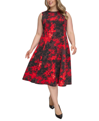 Calvin Klein Plus Size Floral-print Fit & Flare Midi Dress In Red Multi