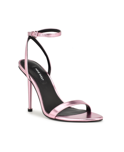Nine West Women's Reina Almond Toe Stiletto Dress Sandals In Light Pink Metallic- Faux Leather