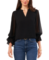 Vince Camuto Split Neck Sheer Long Sleeve Chiffon Top In Rich Black
