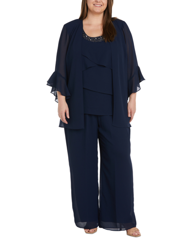 R & M Richards R& M Richards Plus Size Ruffle-cuff Jacket, Beaded Tank And Pants In Navy