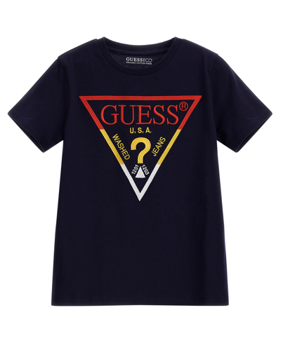 Guess Big Boys Cotton Multicolor Embroidered Triangle Logo T-shirt In Blue