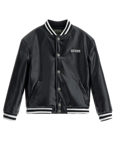 Guess Kids' Big Boys Soft Brushed Faux Leather Embroidered Logo Bomber Jacket In Black