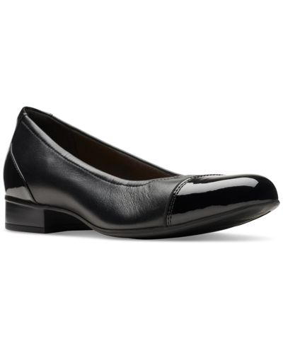 Clarks Women's Juliet Step Slip-on Cap-toe Flats In Black Leat