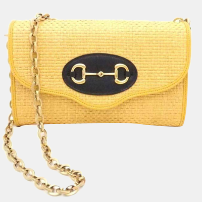 Pre-owned Gucci Yellow Raffia Horsebit 1955 Chain Shoulder Bag