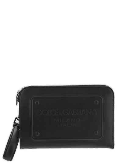 Dolce & Gabbana Logo Embossed Zipped Clutch Bag In Black