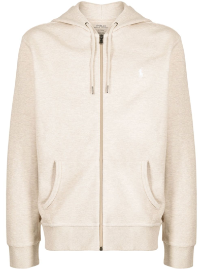 Polo Ralph Lauren Polo Pony Embroidered Zip-up Hoodie In Neutrals