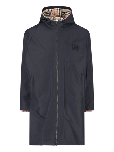 Burberry Logo Patch Hooded Trench Coat In Black