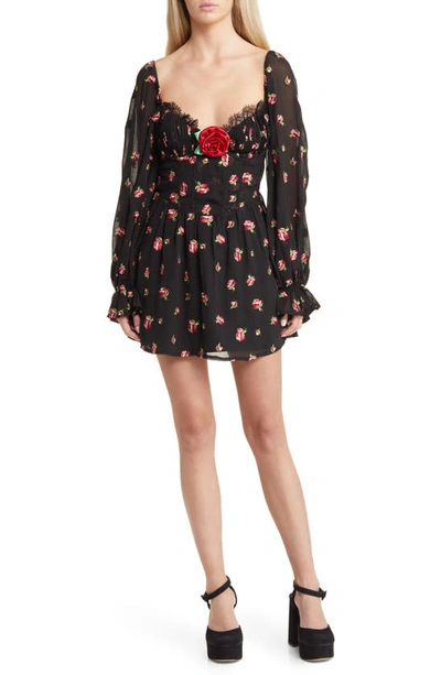 For Love & Lemons Wren Rosebud Lace Trim Long Sleeve Corset Minidress In Black Multi
