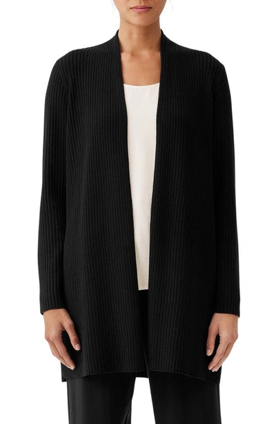 Eileen Fisher Longline Wool Ribbed Cardigan In Black