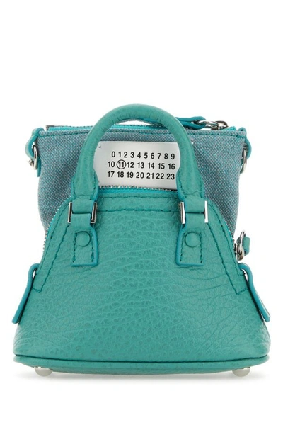 Maison Margiela Woman Sea Green Leather And Fabric 5ac Classique Baby Handbag In Cyan