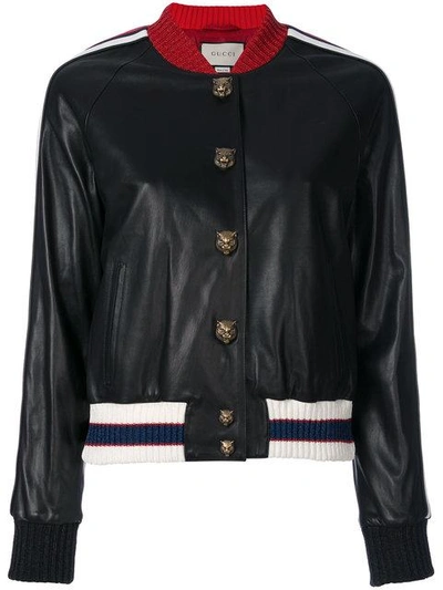 Gucci Embroidered Leather Bomber, Black