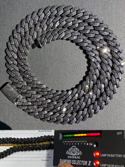 Pre-owned Harlembling Black Moissanite 8mm Real Miami Cuban Link Prong Chain Iced 925 Silver Necklace