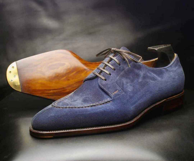 Pre-owned Handmade Goodyear Welted Blue Suede Derby Lace Up Office Dress Formal Shoes