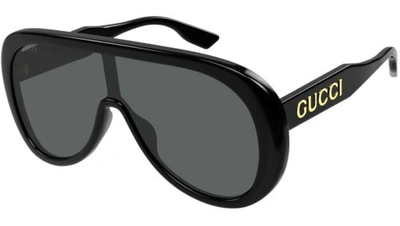 Pre-owned Gucci Gg1370s 001 Black Gold Logo Grey Lens Shield Sunglasses Authentic In Gray