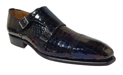 Pre-owned Mister Men's Black Multi Embossed Crocodile Leather Double Monk-strap Shoe 41283