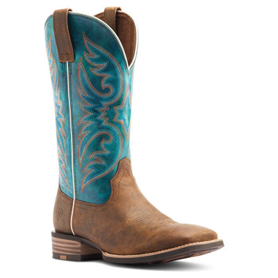 Pre-owned Ariat Men's Ricochet Lightweight Tan & Teal Western Boot 10044568 In Brown