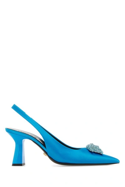 Versace Woman Turquoise Satin Pumps In Blue