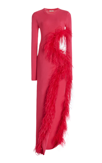 Lapointe Feather-trim Cutout Long-sleeve High Shine Viscose Maxi Dress In Cerise