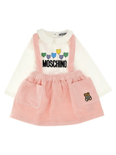 Moschino Pink Suit For Baby Girl With Teddy Bear And Logo In Rose