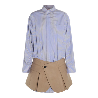 Sacai Thomas Mason Cotton Poplin & Wool Shirtdress In Light Blue Stripe Beige