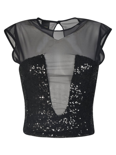 Pinko Sequin Embroidered Tulle Top In Black