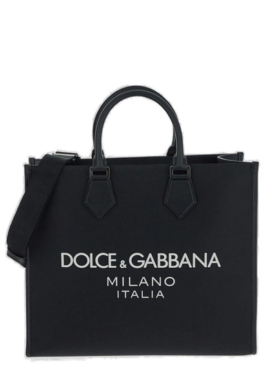 Dolce & Gabbana Large Nylon Shopper With Rubberized Logo In Black