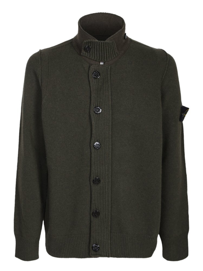 Stone Island High Neck Logo Patch Ribbed Cardigan In Green