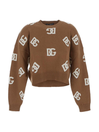 Dolce & Gabbana Dg Monogram Virgin Wool Jumper In Brown