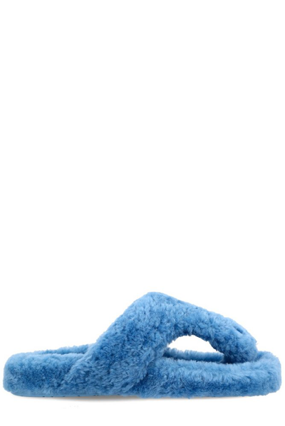 Loewe Ease Shearling Thong Sandals In Blue