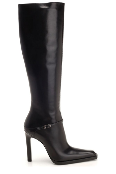 Saint Laurent Buckle Detailed Square Toe Boots In Black