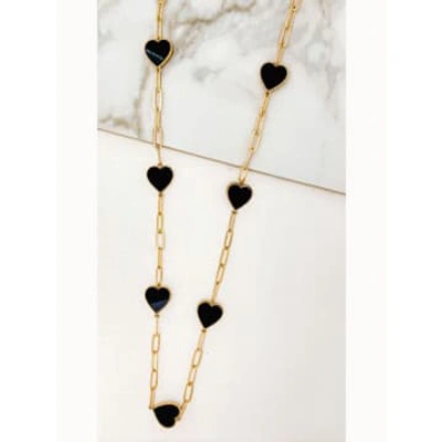 Envy Long Gold Necklace With Black Hearts
