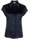 Vince Cap Sleeve Gathered Back Short Sleeve Silk Button-up Shirt In Blue