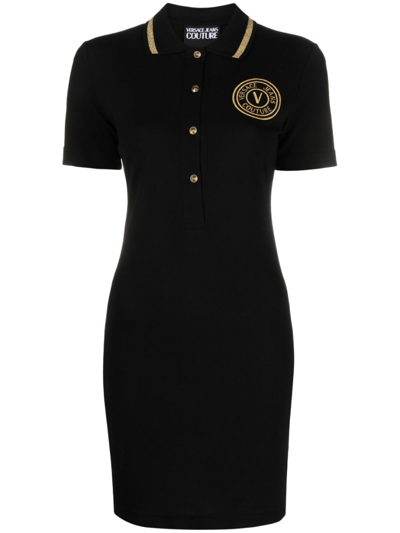 Versace Jeans Couture V-emblem Cotton Polo Minidress In Black