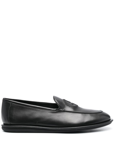 Giorgio Armani Logo-embroidered Leather Loafers In Black