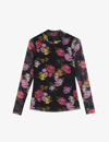 TED BAKER TED BAKER WOMENS BLACK MALYEL FLORAL-PRINT STRETCH-MESH TOP