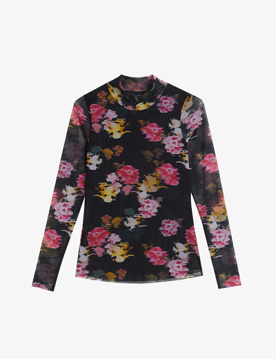 Ted Baker Womens Black Malyel Floral-print Stretch-mesh Top