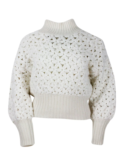Fabiana Filippi Long-sleeved High-neck Sweater In Soft And Precious Wool, Silk And Cashmere With Flower Processing A In White