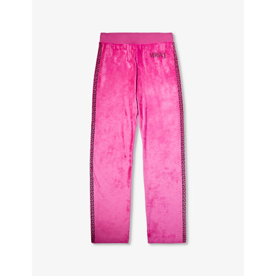 Versace Kids' Girl's Embellished Greca Trim Velour Trousers In Pink