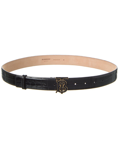 Burberry Tb Buckle Croc-embossed Leather Belt In Black