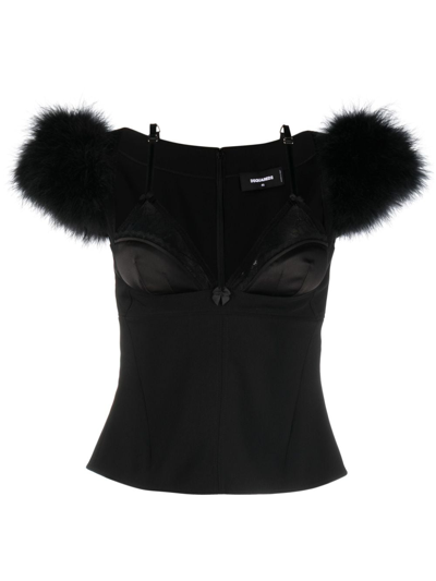 Dsquared2 Bra-detail Feather-trim Top In Black